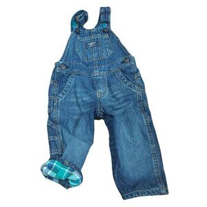 Oshkosh B'Gosh Toddler Boys Size 9 month Blue Jean Denim Flannel Lined Overalls